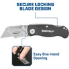 image:imageSheffield Lock Back Utility Knife 4 Pack with 10 Utility Knife Blades  Box Cutter with Aluminum Texture Grip Handle Features Pocket Clip Patented Quick Change Utility Blade MechanismBlack