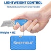 image:imageSheffield Lock Back Utility Knife 4 Pack with 10 Utility Knife Blades  Box Cutter with Aluminum Texture Grip Handle Features Pocket Clip Patented Quick Change Utility Blade MechanismRed  Blue  Silver