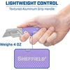 image:imageSheffield Lock Back Utility Knife 4 Pack with 10 Utility Knife Blades  Box Cutter with Aluminum Texture Grip Handle Features Pocket Clip Patented Quick Change Utility Blade MechanismPurple