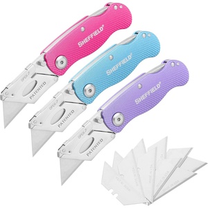 image:imageSheffield Lock Back Utility Knife 4 Pack with 10 Utility Knife Blades  Box Cutter with Aluminum Texture Grip Handle Features Pocket Clip Patented Quick Change Utility Blade MechanismPink  Purple  Light Blue