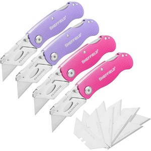 image:imageSheffield Lock Back Utility Knife 4 Pack with 10 Utility Knife Blades  Box Cutter with Aluminum Texture Grip Handle Features Pocket Clip Patented Quick Change Utility Blade MechanismPinkPurple