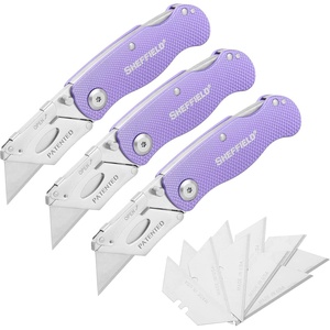 image:imageSheffield Lock Back Utility Knife 4 Pack with 10 Utility Knife Blades  Box Cutter with Aluminum Texture Grip Handle Features Pocket Clip Patented Quick Change Utility Blade MechanismPurple