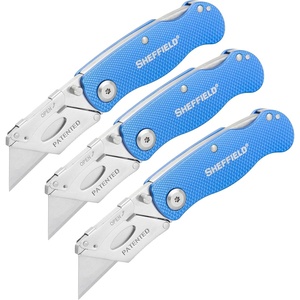 image:imageSheffield Lock Back Utility Knife 4 Pack with 10 Utility Knife Blades  Box Cutter with Aluminum Texture Grip Handle Features Pocket Clip Patented Quick Change Utility Blade MechanismBlue