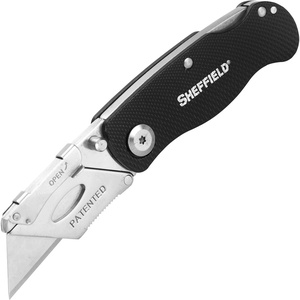 image:imageSheffield Lock Back Utility Knife 4 Pack with 10 Utility Knife Blades  Box Cutter with Aluminum Texture Grip Handle Features Pocket Clip Patented Quick Change Utility Blade MechanismBlack